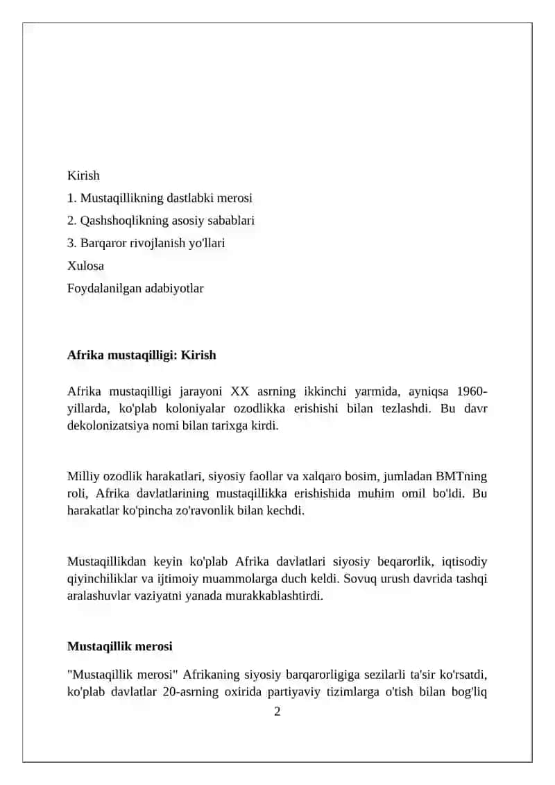 Afrikada mustaqil ishlar va taraqqiyot muammolari 2