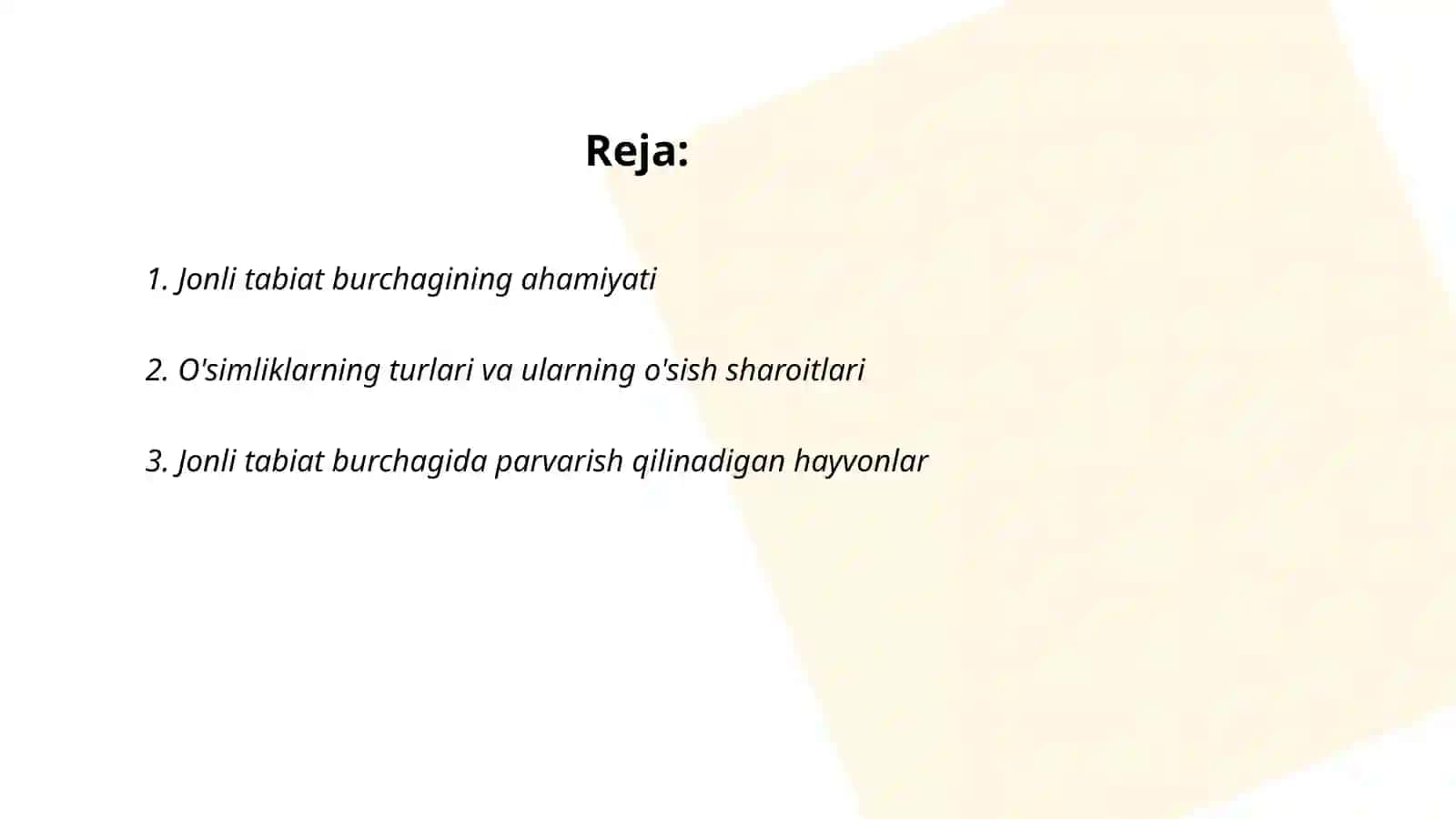 Jonli tabiat burchagida bir soatlik dars ishlanma 2