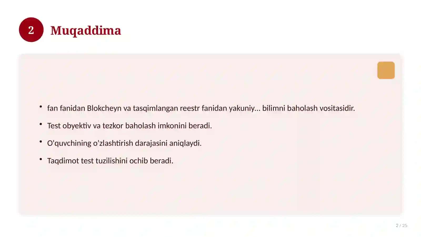 Blokcheyn va tasqimlangan reestr fanidan yakuniy nazorat testlari 2