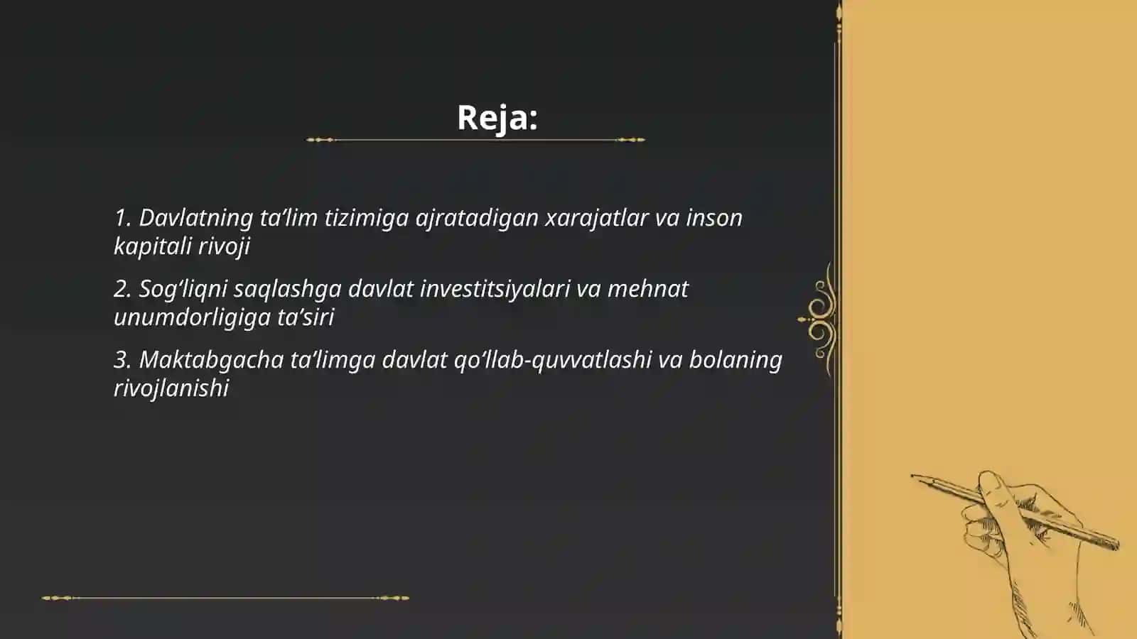 Davlatning ijtimoiy-madaniy maqsadlarga qilgan harajatlari, inson kapitalining rivojlanishi 2