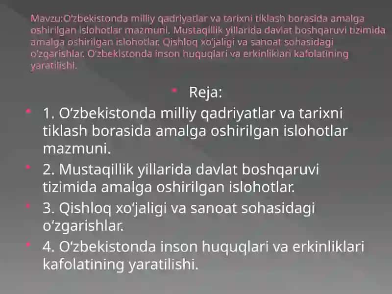 O‘zbekiston milliy qadriyatlar va tarixni tiklash borasida amalga oshirilgan islohotlar 2