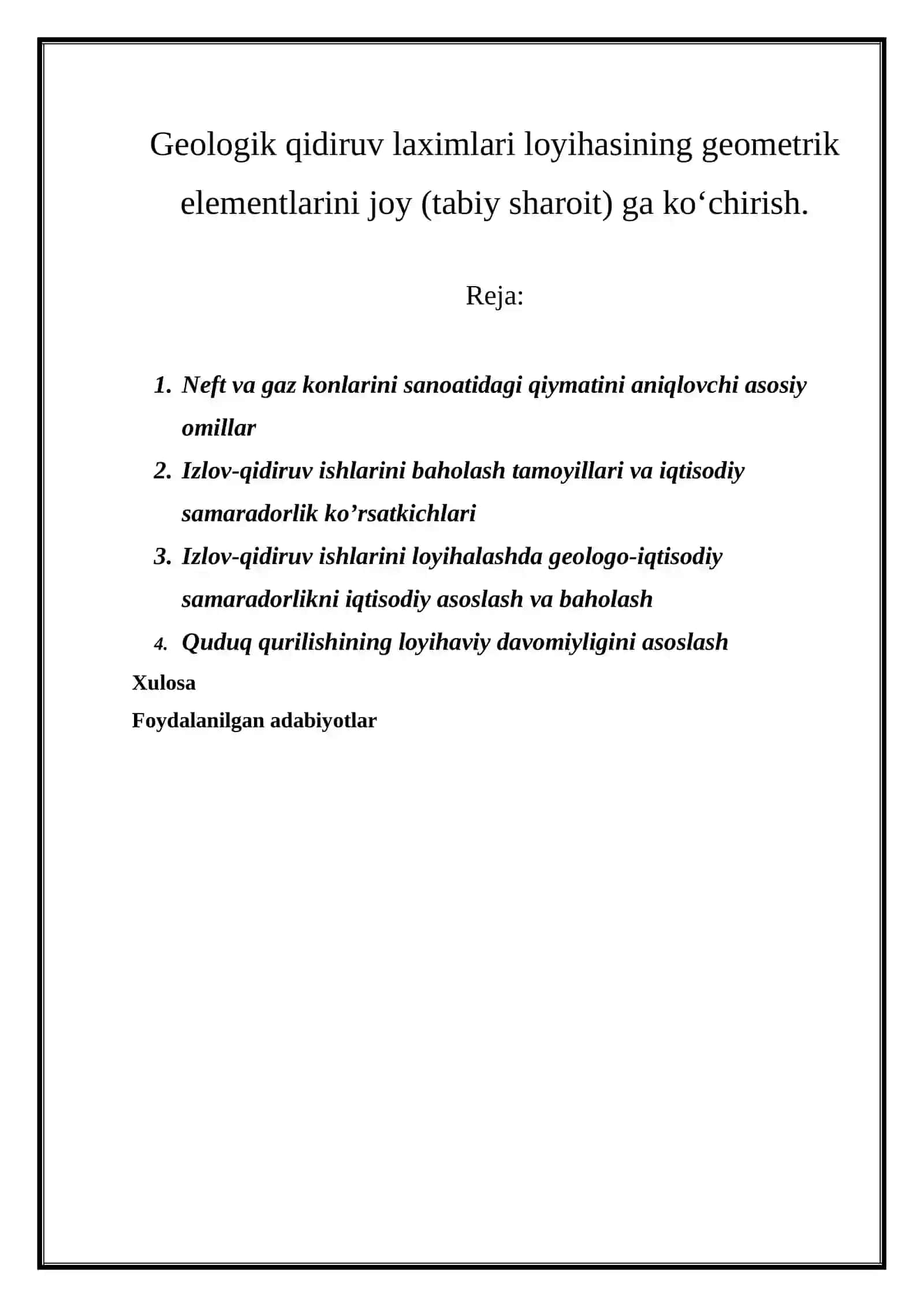 Geologik qidiruv laximlari loyihasining geometrik elementlarini joy (tabiy sharoit) ga ko‘chirish 2