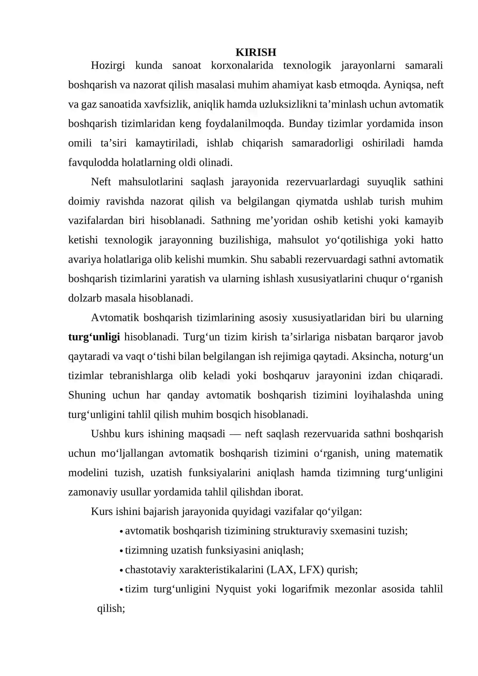 Neft saqlash rezervuarida sathni avtomatik boshqarish tizimi (ABT)ning turg‘unligini tahlil qilish 2