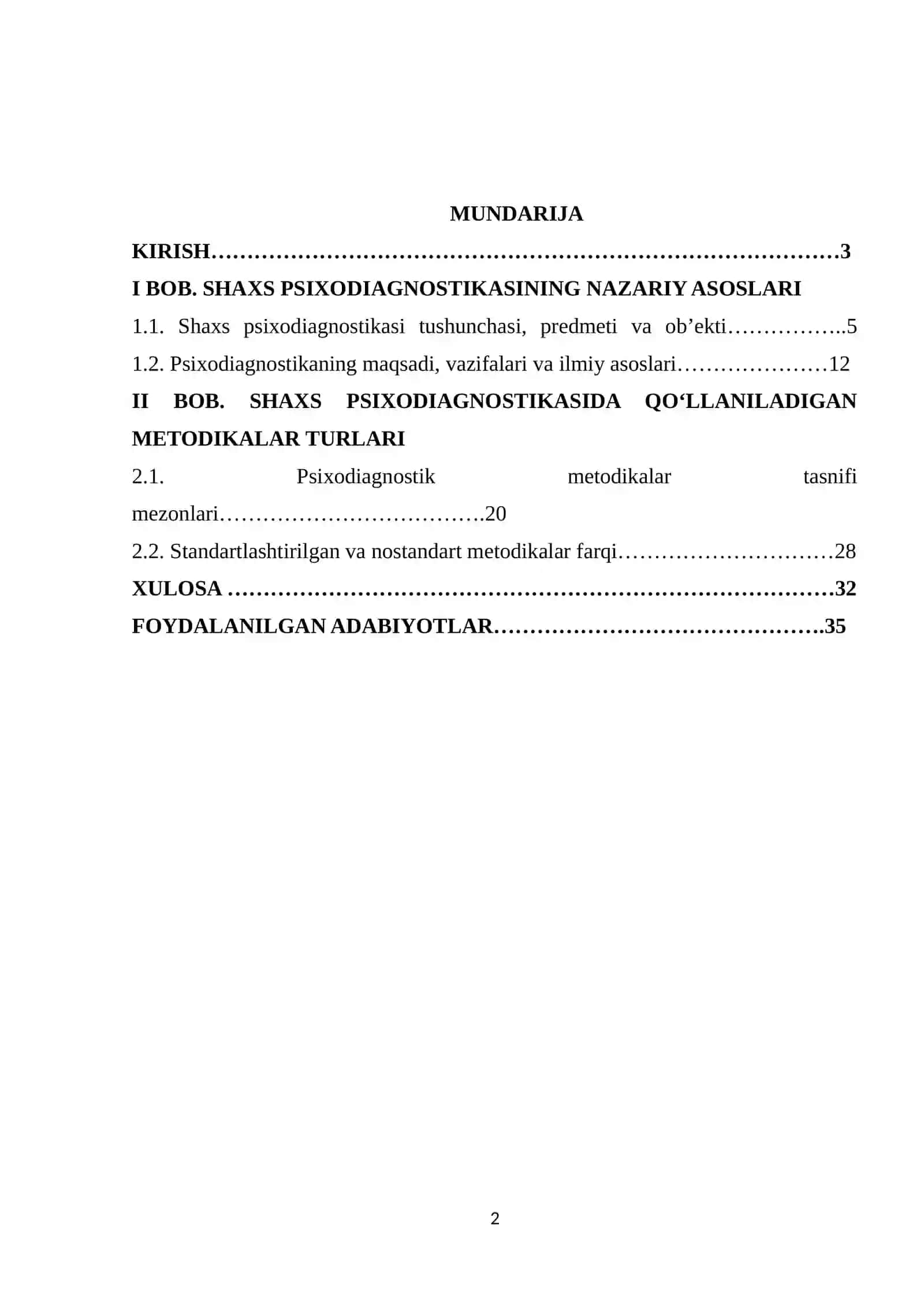 "SHAXS PSIXODIAGNOSTIKASIDA QO'LLANILADIGAN METODIKALAR TASNIFI" 2