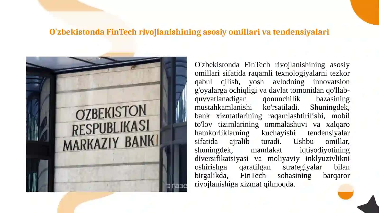 Bank va moliya sektorida FinTech yechimlari  O'zbekiston tajribasi 2