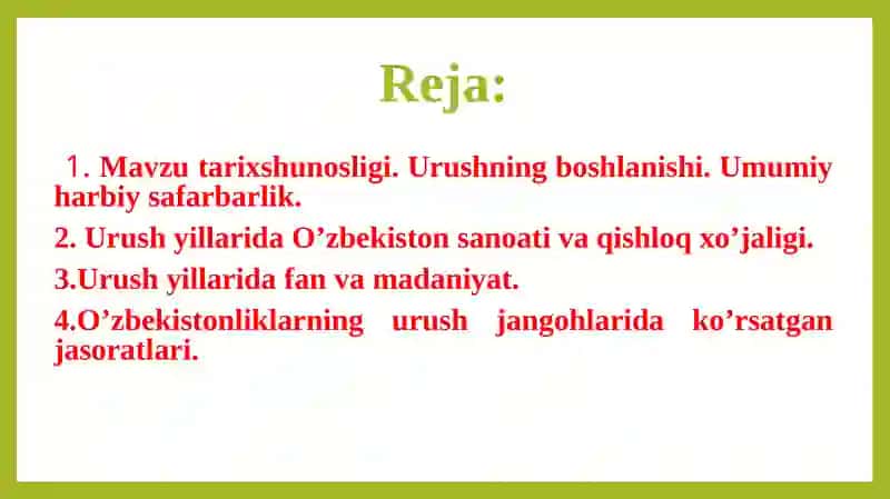 Ikkinchi jahon urushi yillarida o’zbek xalqining fashizm ustidan qozonilgan g’alabaga qo’shgan hissasi 2