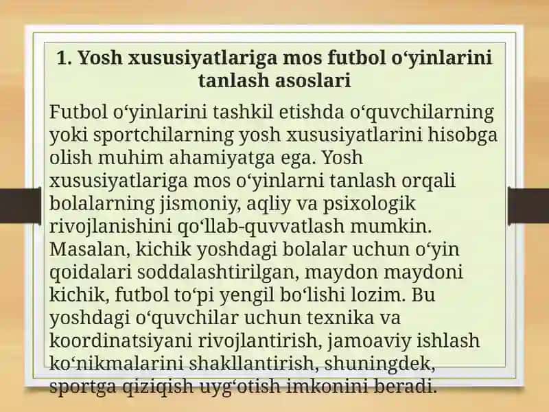 Yosh xususiyatlariga mos futbolga oid harakatli o‘yinlarni tanlash va o‘tkazish metodikasijis 2