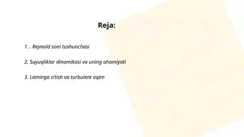 Suyuqliklarning xarakati jarayonidagi bosim yo'qolishida Reynold sonining axamiyati 2