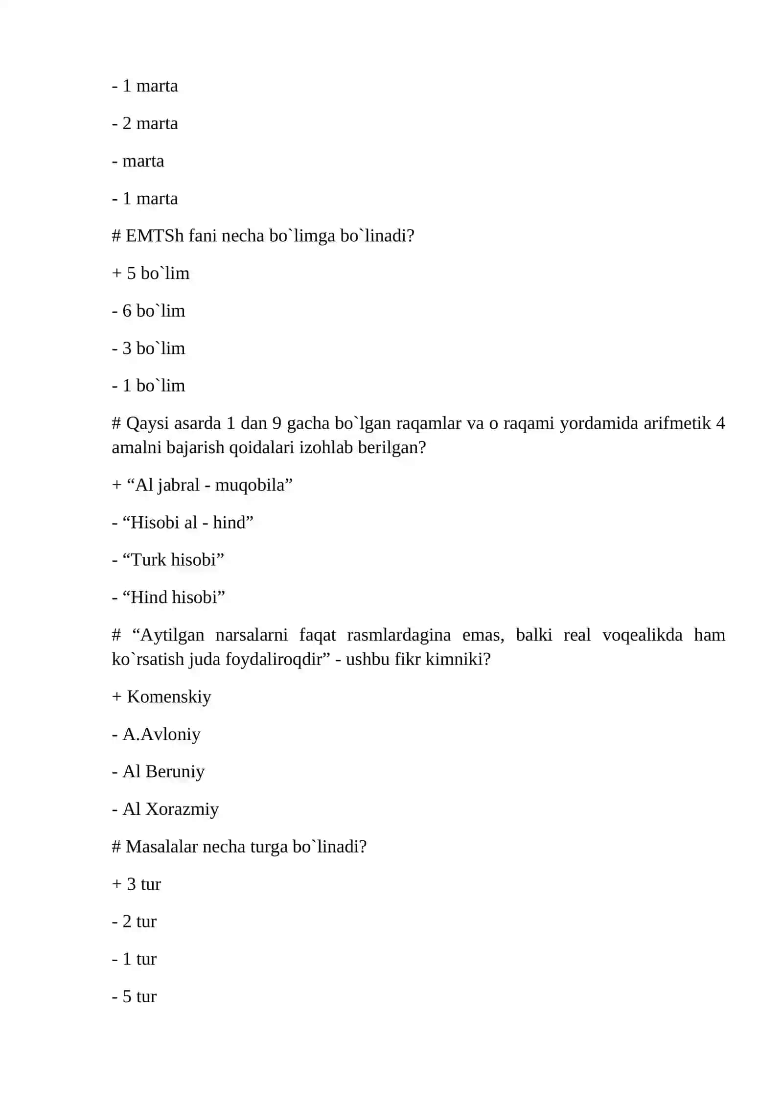 ELEMENTAR MATEMATIK TASAVVURLARNI SHAKLLANTIRISH FANIDAN TEST 2