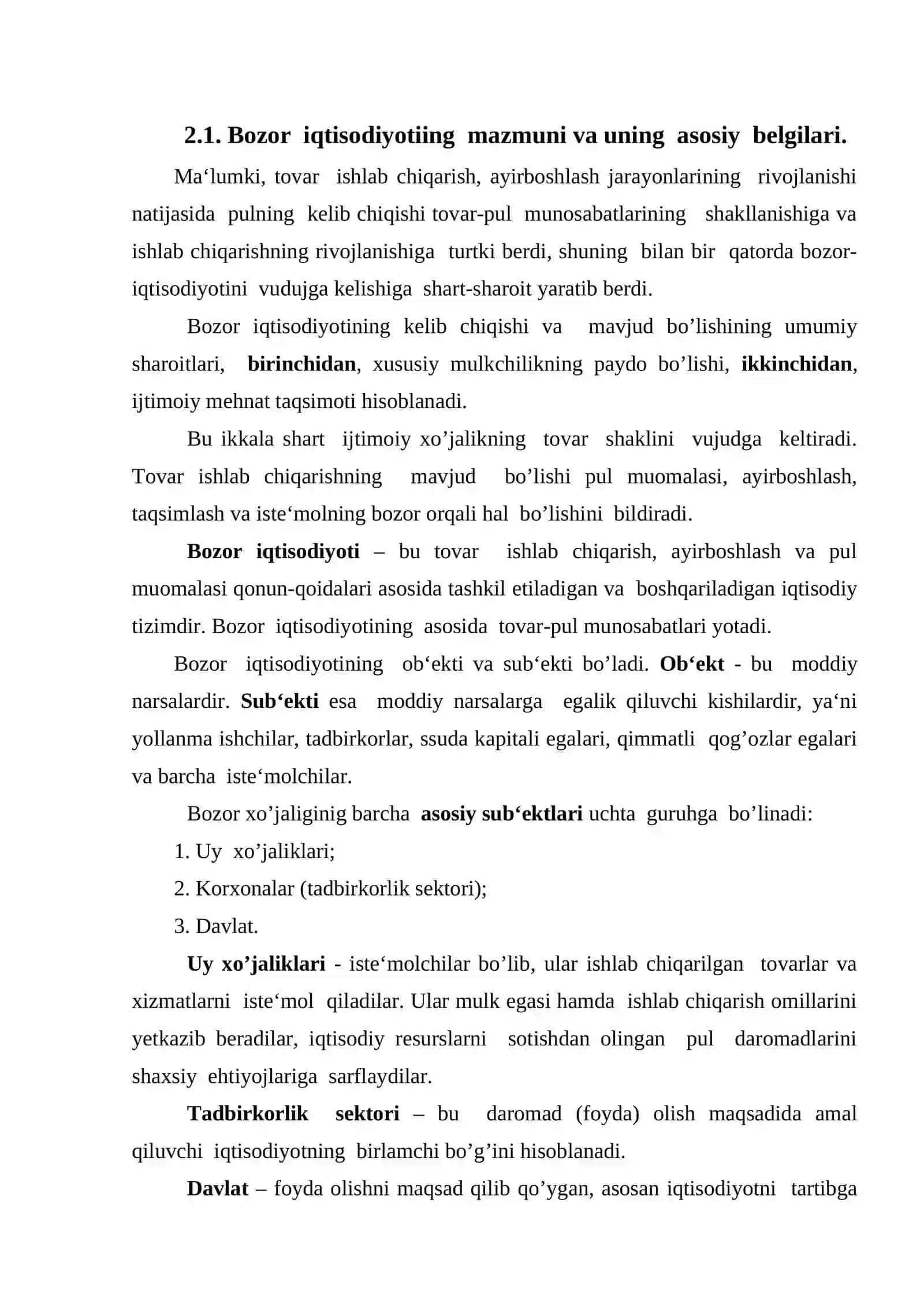Bozor iqtisodiyotining mazmuni va uning asosiy belgilari 2