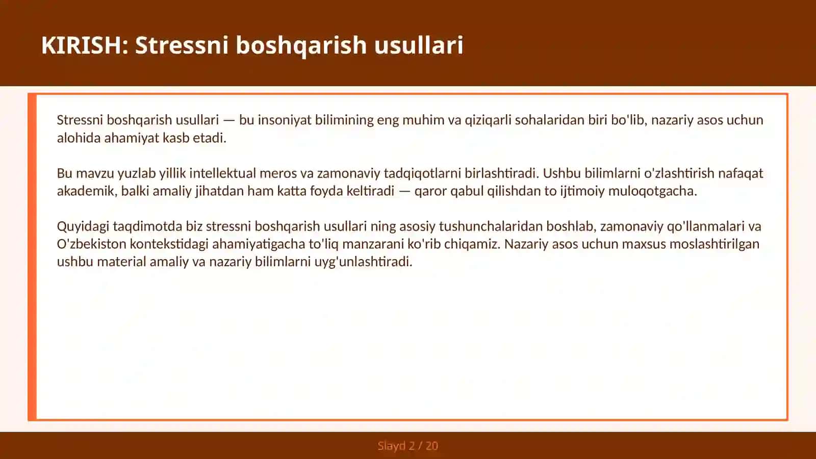 Stressni boshqarish usullari 2