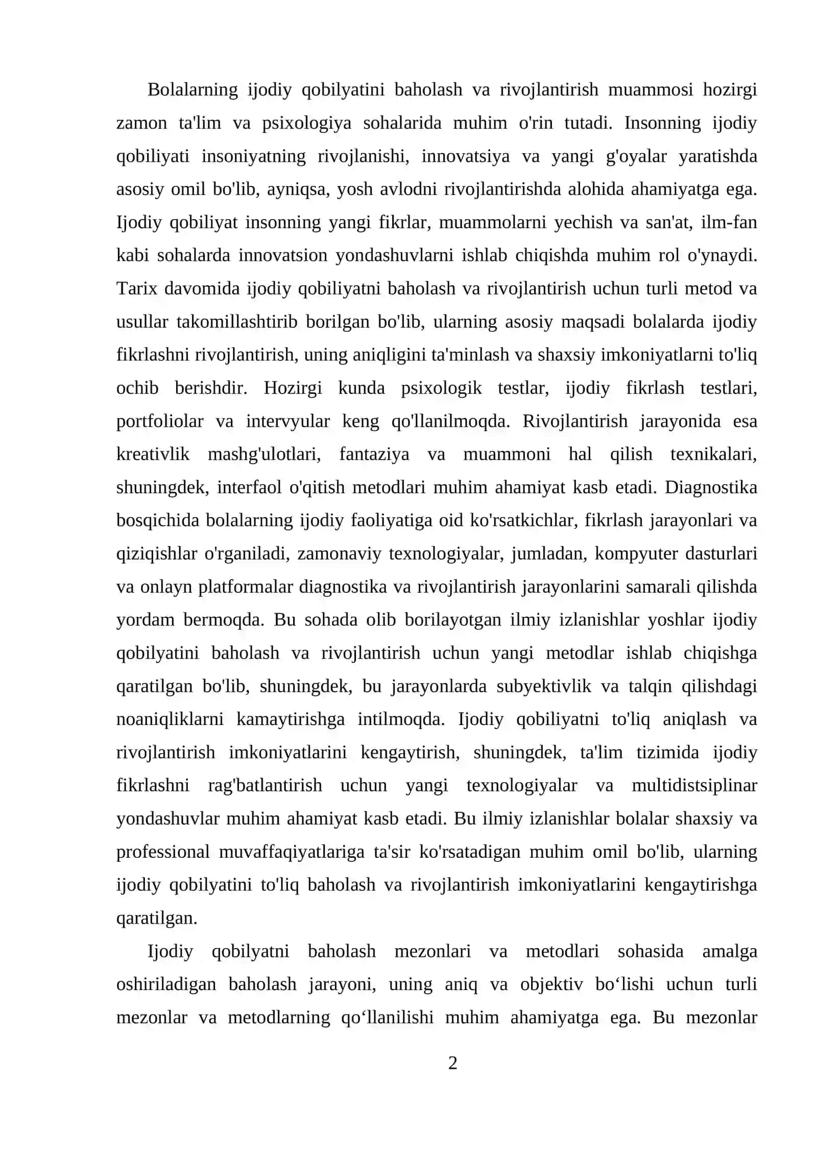 BOLALARNING IJODIY QOBILYATINI BAHOLASH MEZONLARI VA RIVOJLANTRISH USULLARI VA DIAGNOSTIKA 2