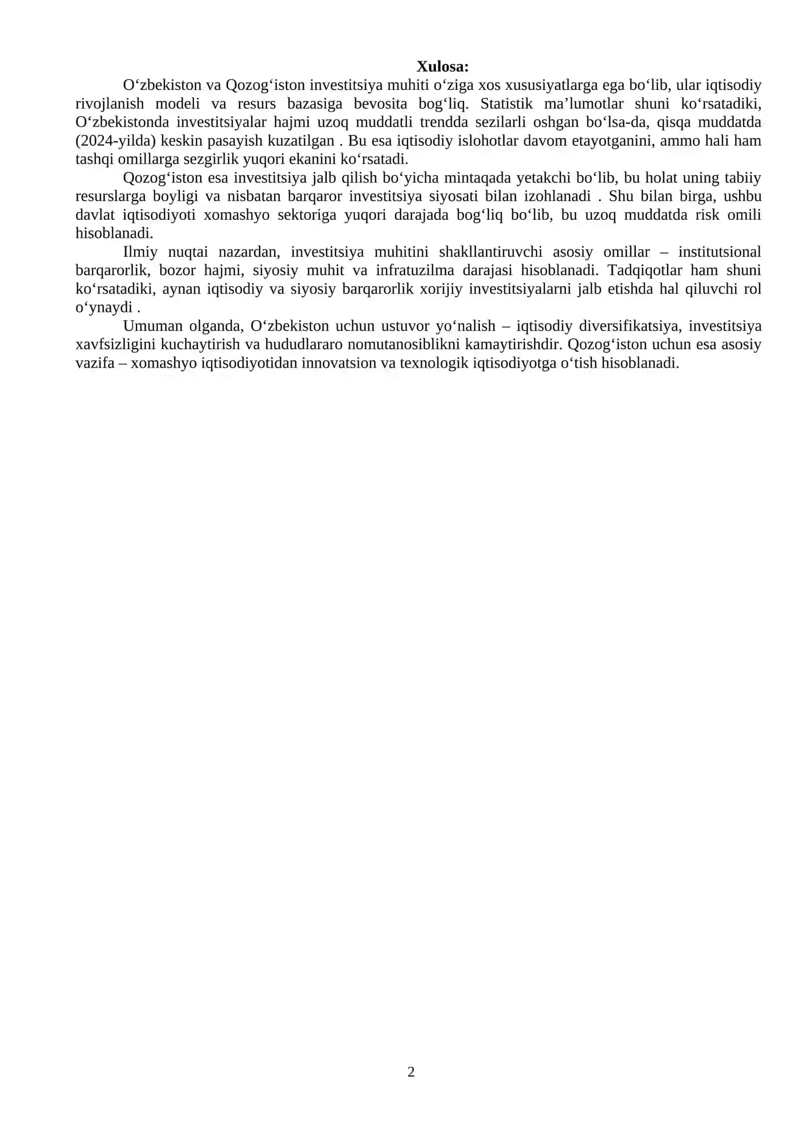 O‘zbekiston va Qozog’iston investitsiya muhiti  SWOT tahlili 2