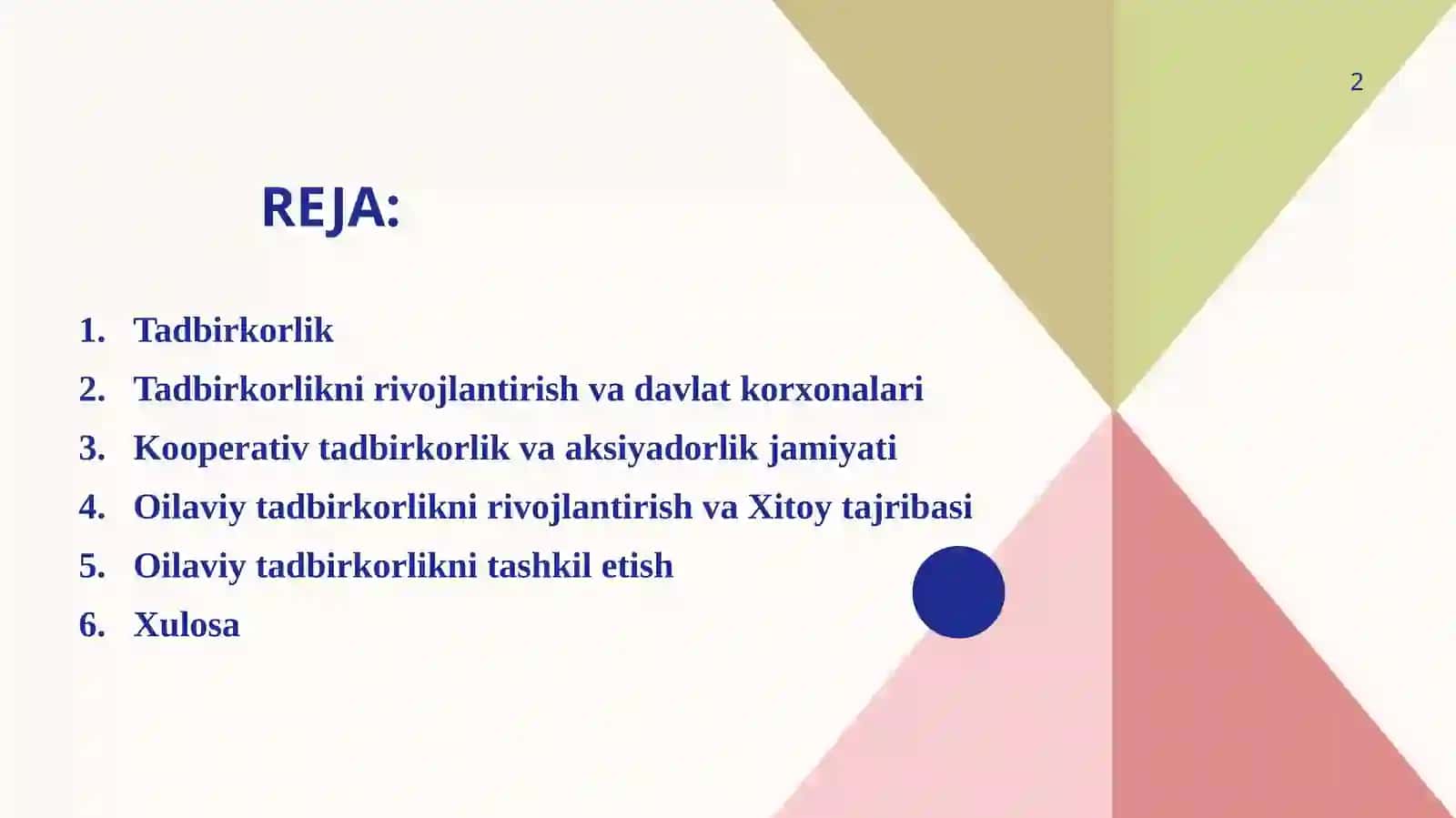 Tadbirkorlik faoliyatini tashkil etish va oilaviy tadbirkorlikni rivojlantirish 2