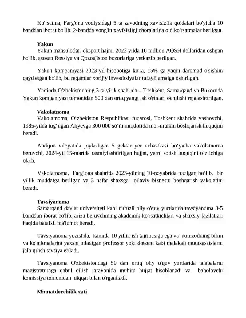 Dalolatnoma, buyuraman, bayonnoma, tashakkurnoma, bildirishnoma, ishonchnoma, tavsiyanoma, tavsifnoma 2