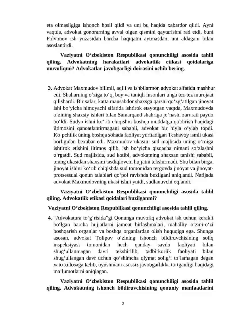 Advokatura huquqi fanidan yakuniy nazorat uchun kazuslar 2
