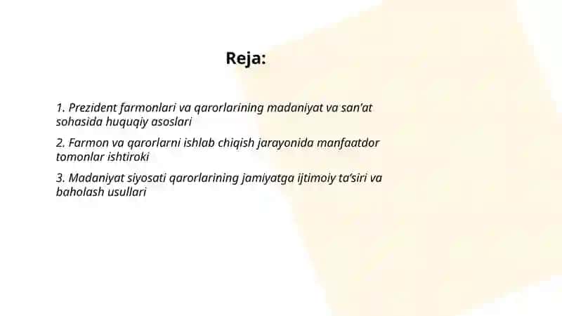 Madaniyat va sanʼat sohasiga oid Prezident farmoni va qarorlari muhokamasi boshqaruvi 2