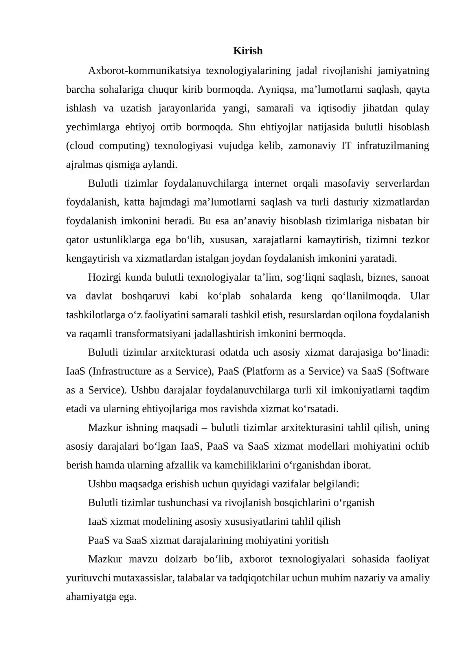 BULUTLI TIZIMLAR ARXITEKTURASI: IAAS, PAAS, SAAS DARAJALARI 2