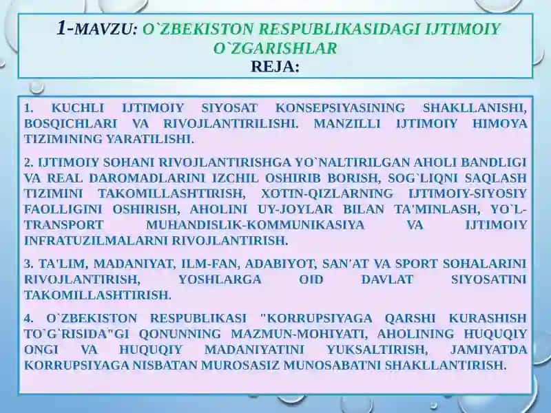 O`ZBEKISTON RESPUBLIKASIDAGI IJTIMOIY O`ZGARISHLAR 2