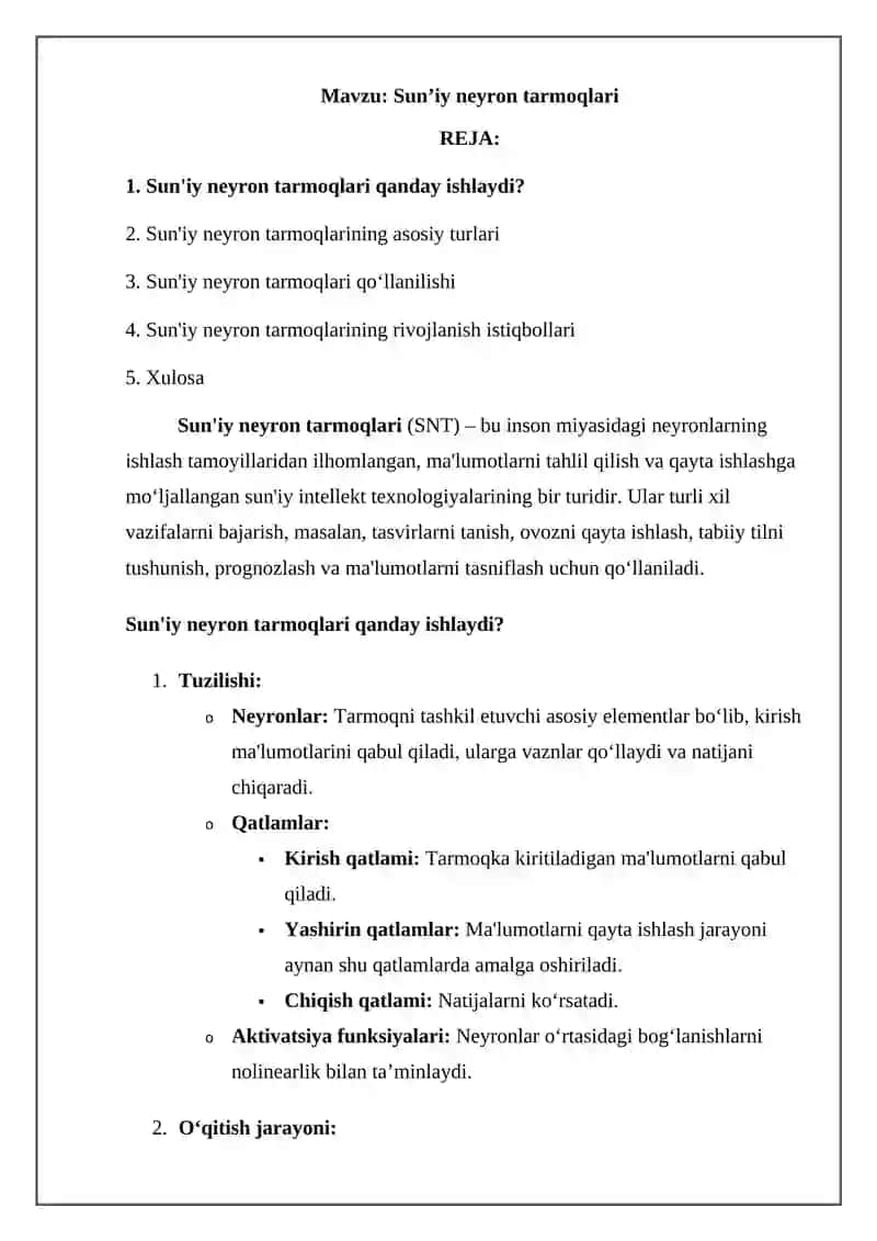 SUNʼIY NEYRON TARMOQLARI 2