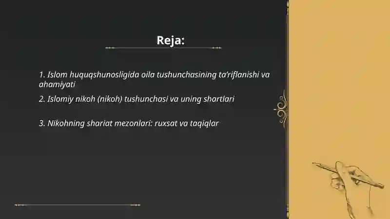 Islom huquqshunosligida oila, nikoh, taloq, idda, zihor tushunchalarini ta’riflash 2