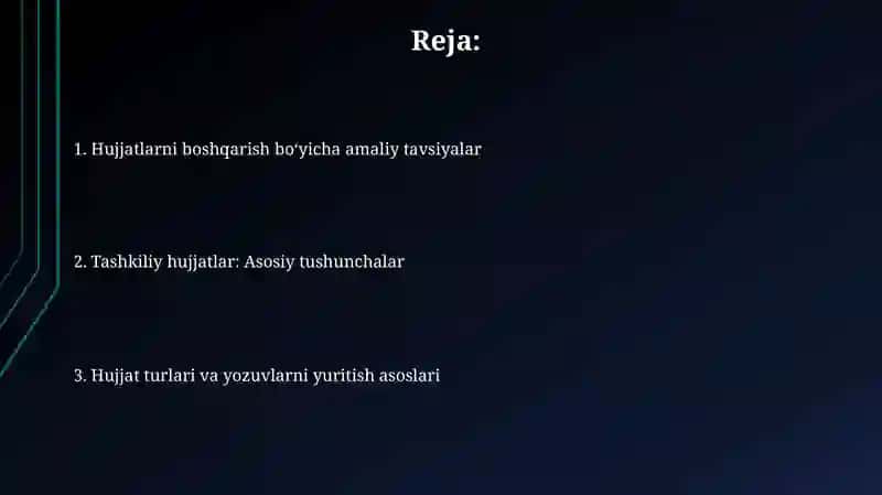 Hujjat turlari va ish yuritish asoslari.Tashkiliy hujjatlar 2