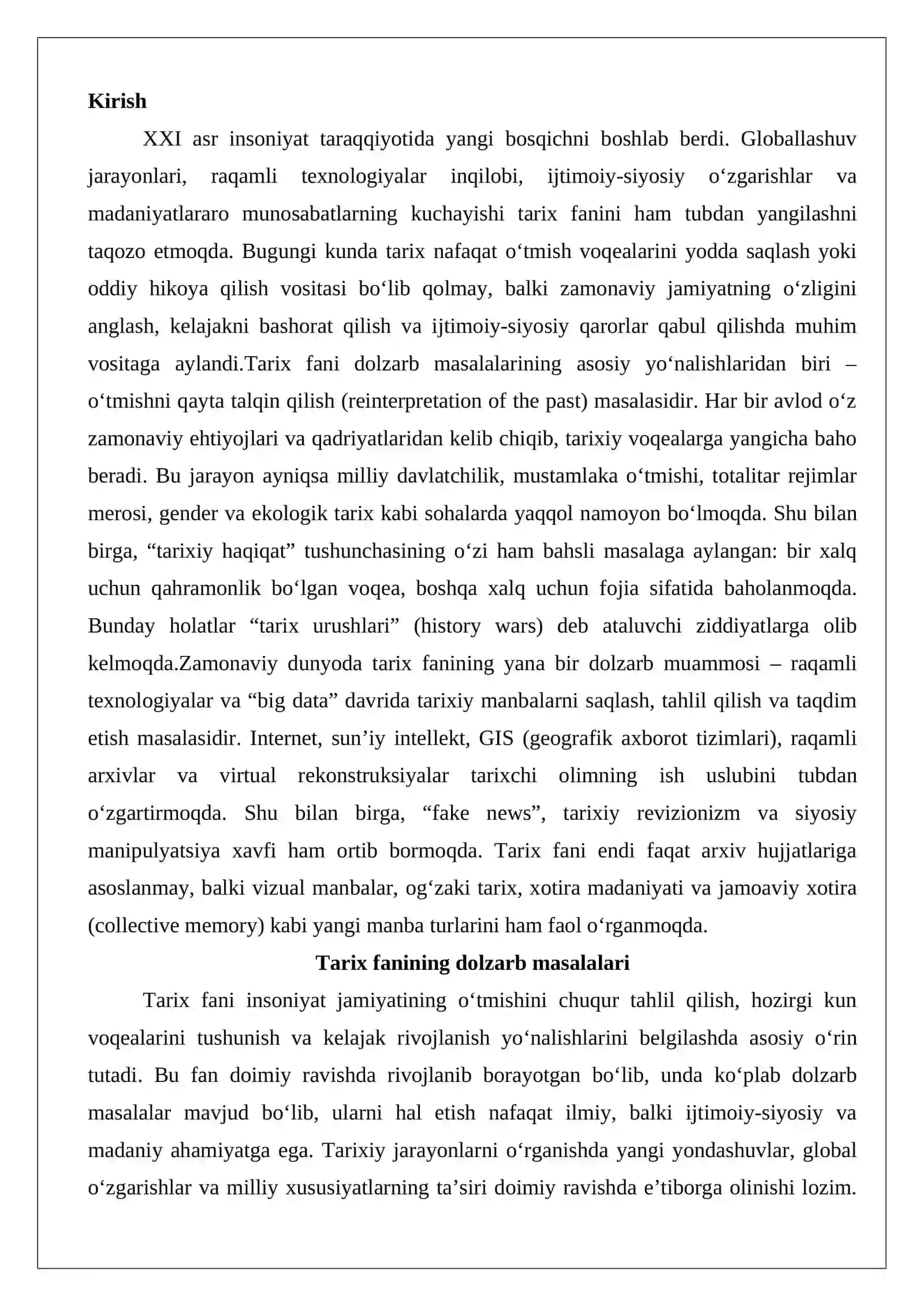 Tarix fanining dolzarb masalalari va zamonaviy metodologik yondashuvlar 2