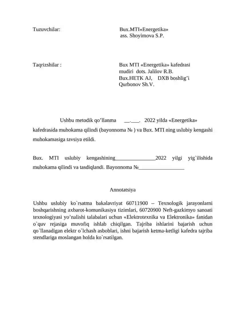 Elektrotexnika va Elektronika Metodik qo’llanma 2