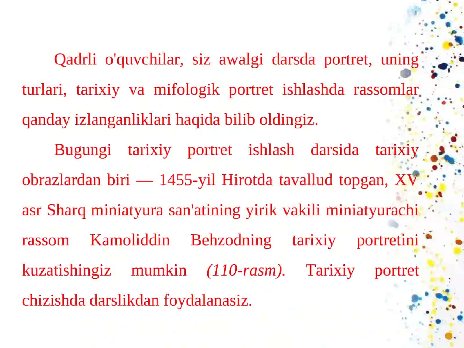 6-sinf tasviriy san’at darsligi asosida 22-23-mavzu: Tarixiy portret ishlash 2