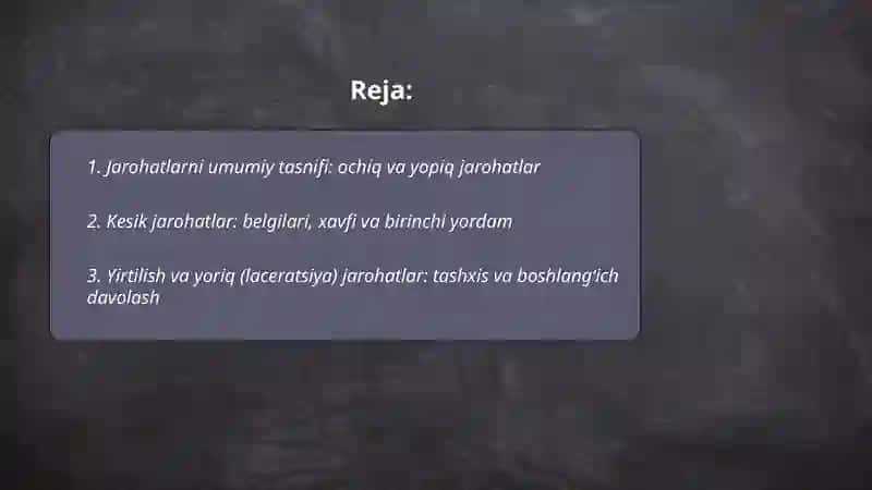 Jarohatlar xatestikasi va ularda birinchi tibbiy yordam koʻrsatish 2