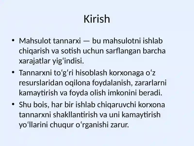Mahsulot tannarxini shakllantirish va uni kamaytirish zaxiralari 2