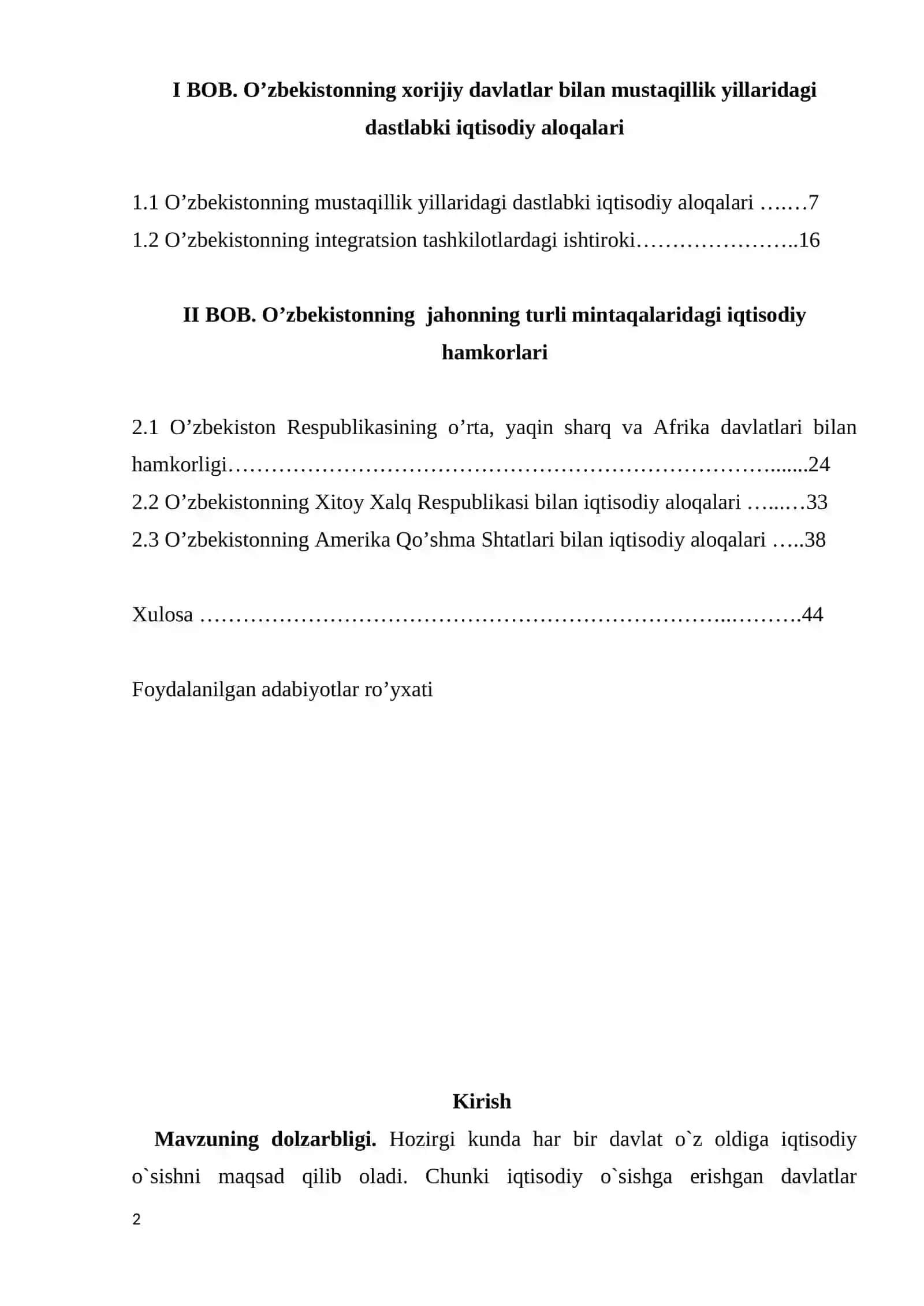 KURS ISHI - O’zbekistonning jahonning rivojlangan mamlakatlari bilan iqtisodiy hamkorligi 2