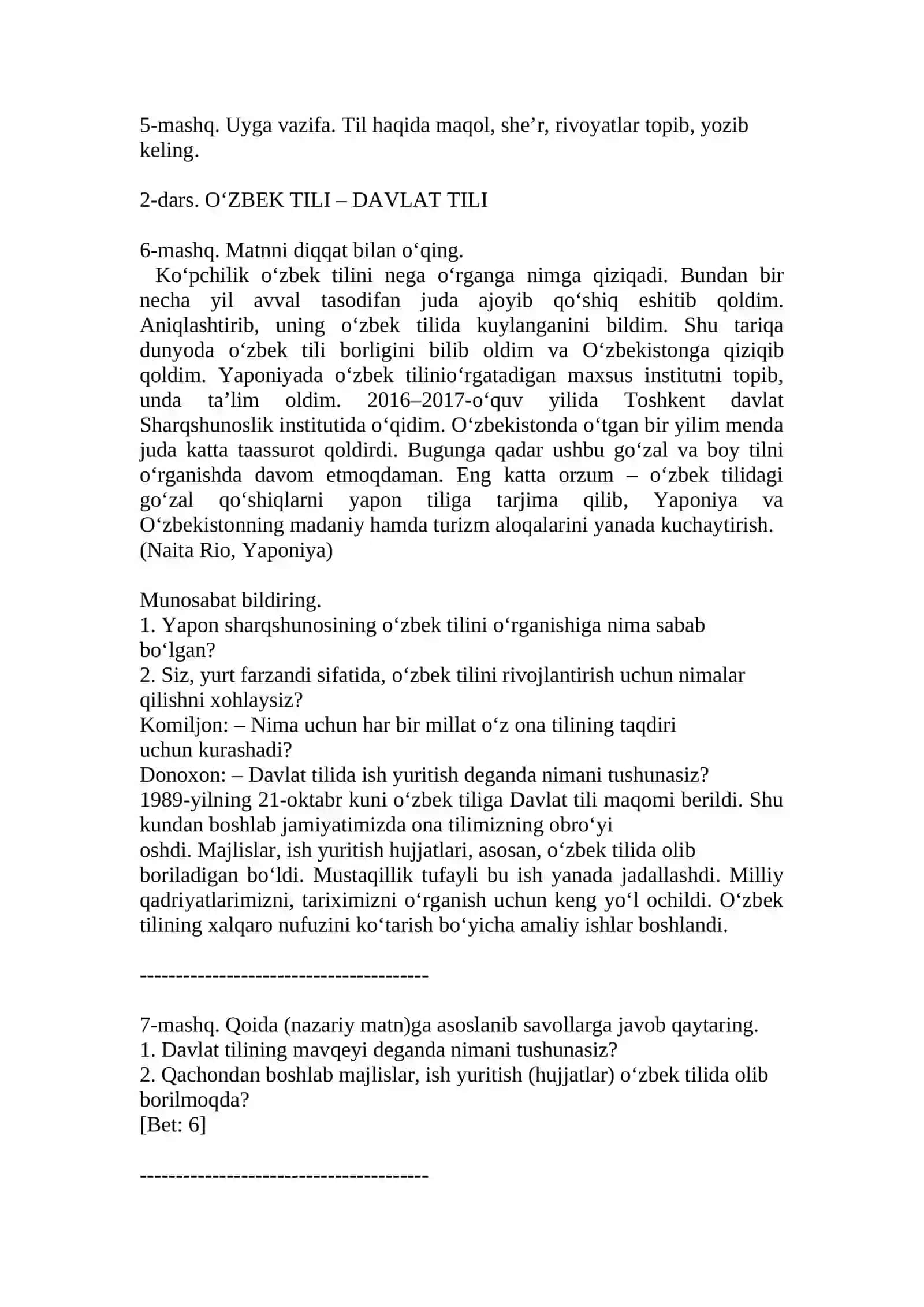 SINF ONA TILI – MASHQLAR 2
