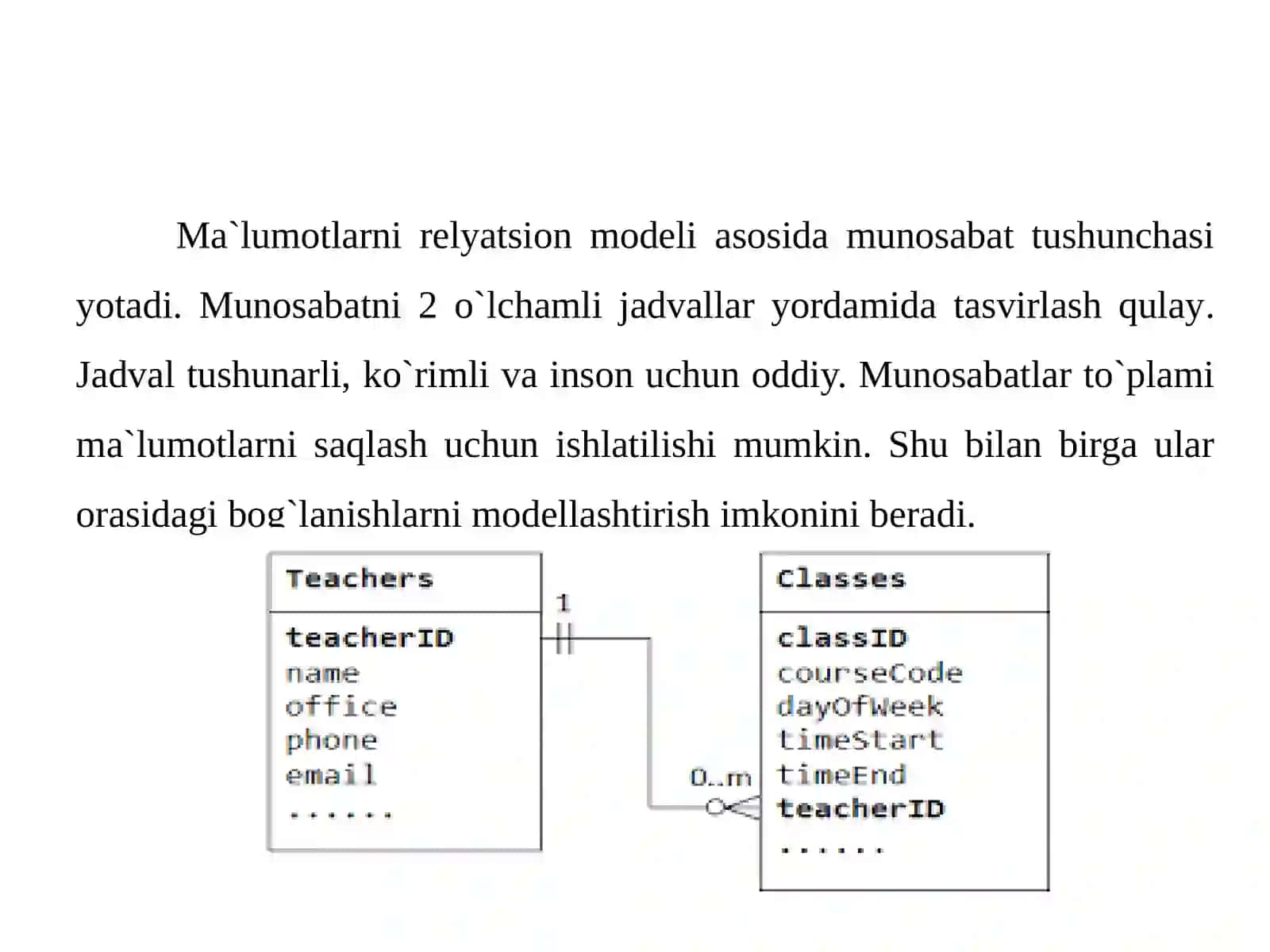 Ma’lumotlar modeli. Relyatsion ma`lulotlar bazasida munosabatlar. 2