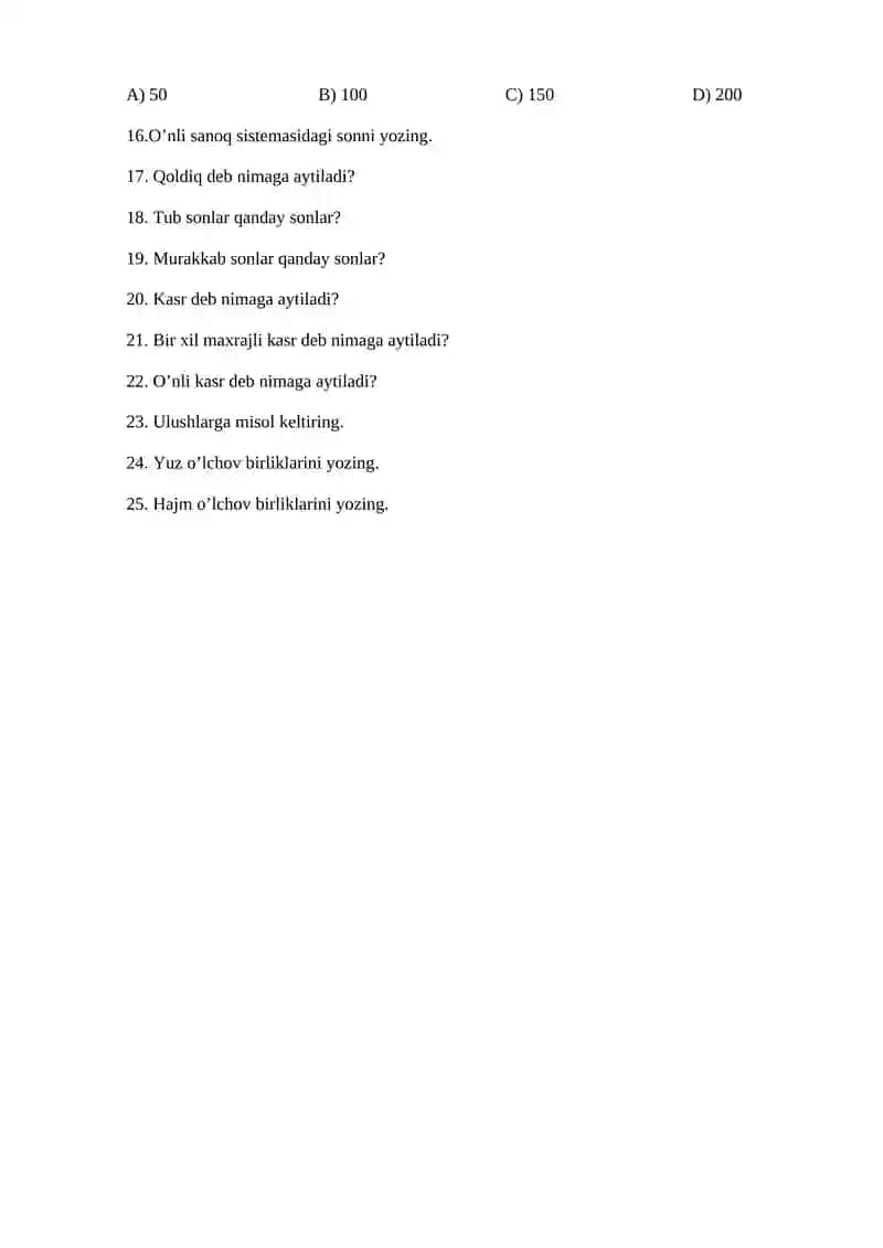 5-SINF UCHUN MATEMATIKADAN TEST 2