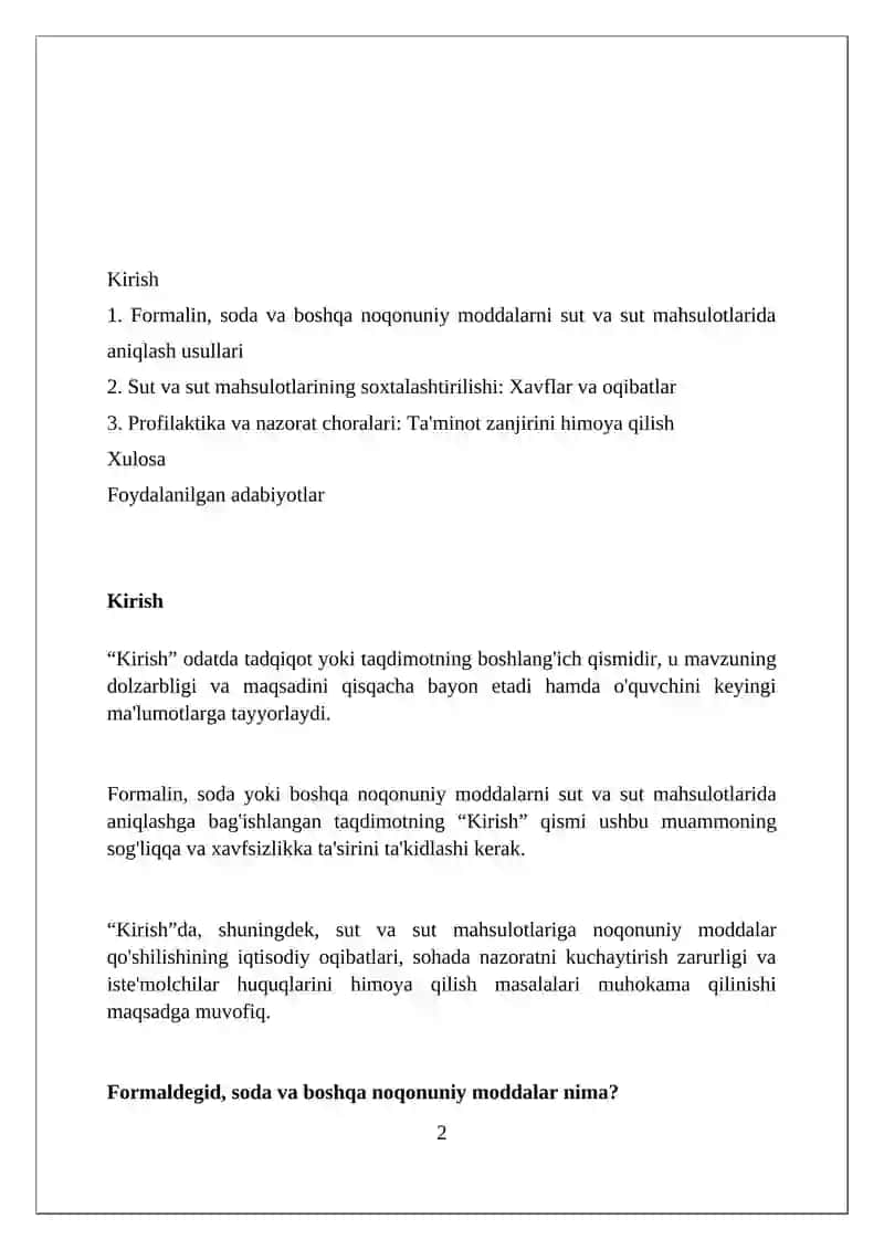 Sut va Sut Mahsulotlari Tarkibida Formalin, Soda yoki Boshqa Nolegal Moddalarni Aniqlash 2
