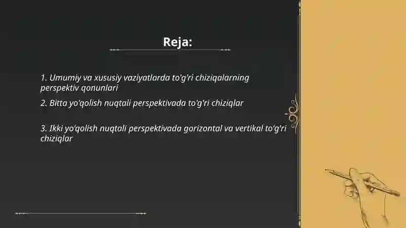 Umumiy va xususiy vaziyatdagi tóg'ri chiziqlarining perspektivasi 2