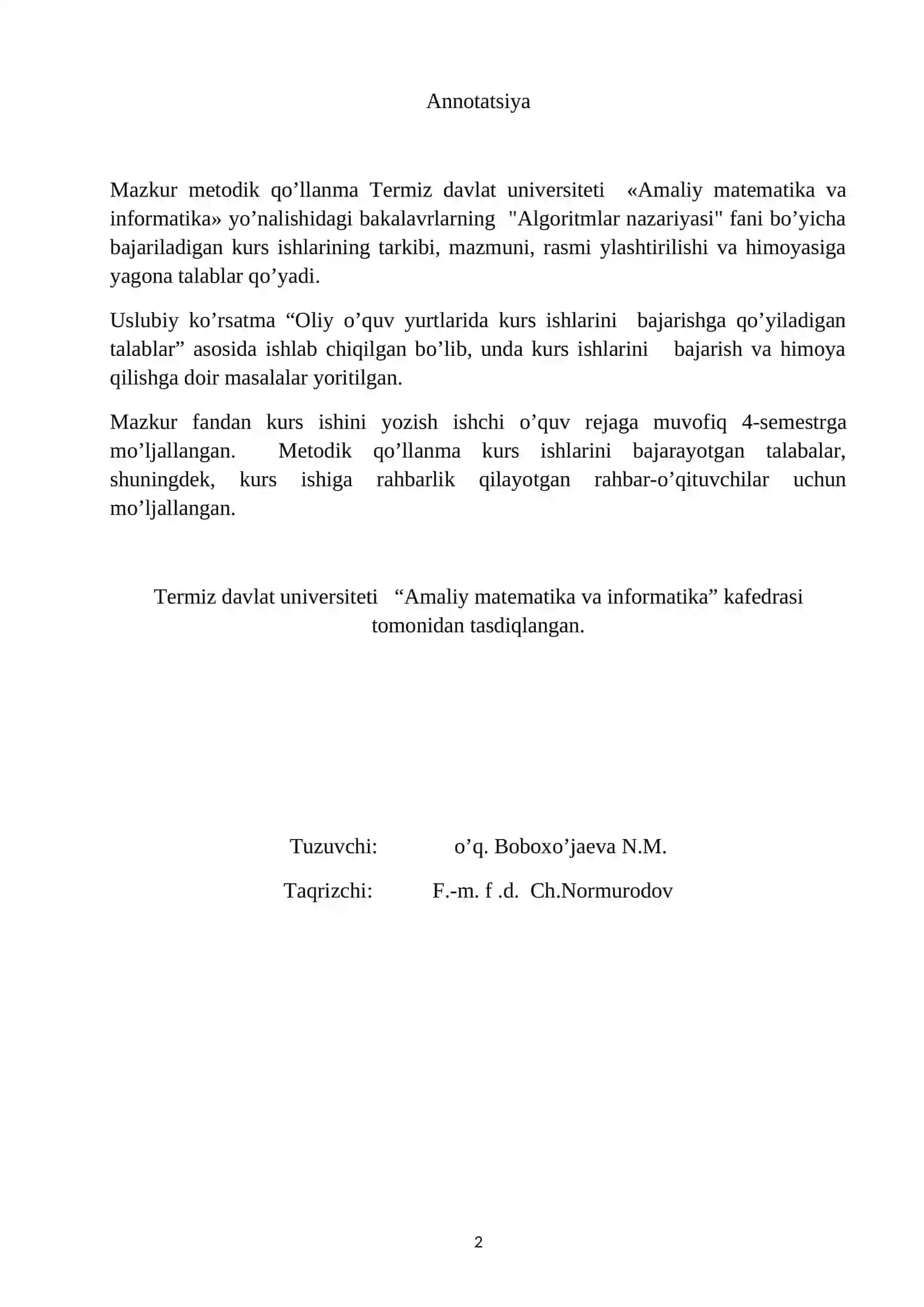 ALGORITMLAR NAZARIYASI fanidan KURS ISHLARINI YOZISH VA RASMIYLASHTIRISH BO’YICHA USLUBIY QO’LLANMA 2