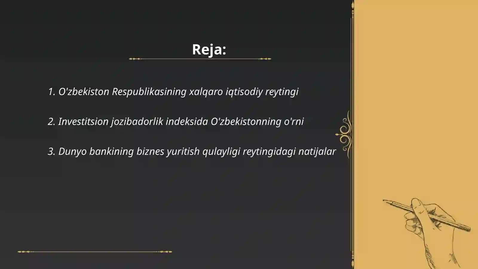 "O'zbekiston Respublikasining xalqaro reyting va indekslardagi o'rni va nufuzini ortib borishi" 2