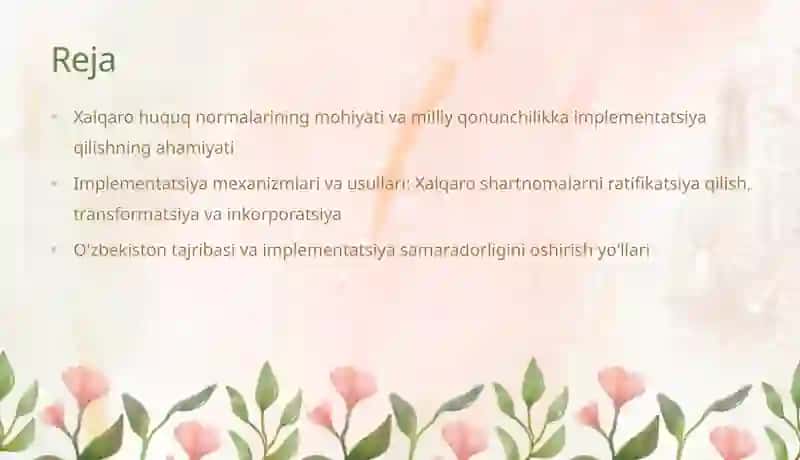 Xalqaro huquq normalarini milliy qonunchilikka impelmentatsiya qilish 2