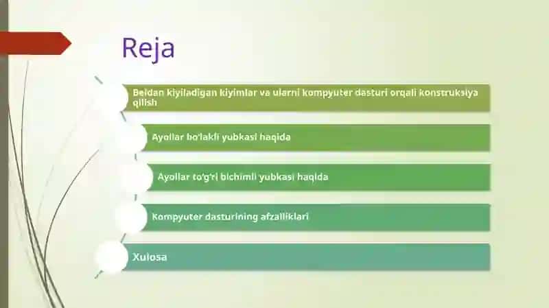 Taqdimot Beldan kiyiladigan kiyimlar. Ayollar bo'lakli yubkasini konstruksiyasini kompyuter dasturi orqali qurish. Ayollar to'g'ri bichimli yubkasini konstruksiyasini kompyuter dasturi orqali qurish. 2