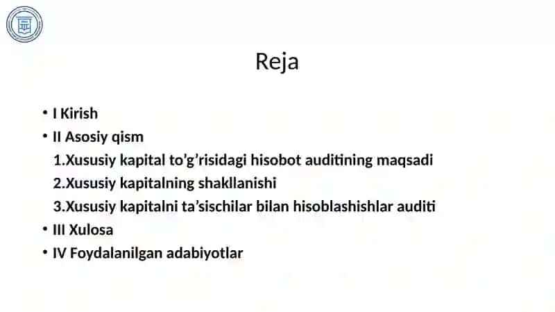 Xususiy kapital shakllanishi va ta'sischilar bilan hisoblashishlar auditi 2