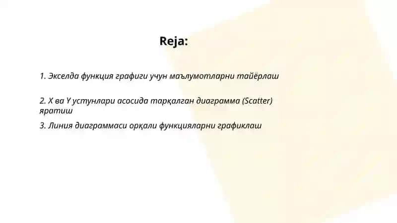 Экселда функция графиги учун маълумотларни тайёрлаш 2