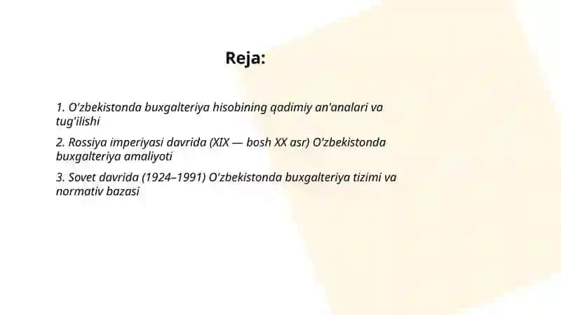 O'zbekistonda buxgalteriya hisobining rivojlanish tarixi 2