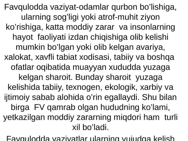 Tabiiy, texnogen, ekologik va ijtimoiy tusdagi favqulotda vaziyatlarda hayot faoliyati xavfsizligi va fuqaro muhofazasi 2