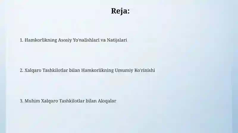 Xalqaro Tashkilotlar bilan Hamkorlikning Umumiy Ko'rinishi 2