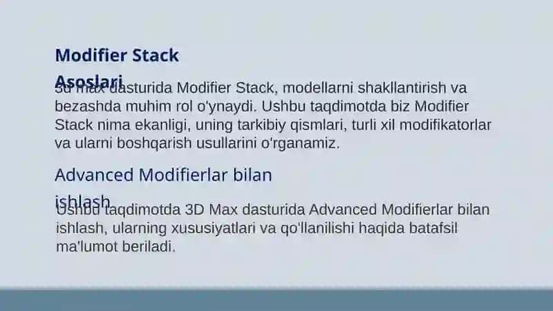 Modifier Stack va tahrirlash Modifier Stack Bend Taper Twist FFD va boshqalar Ob'ektlarga Modifierlarni qo'llash va ularni tahrirlash. 2