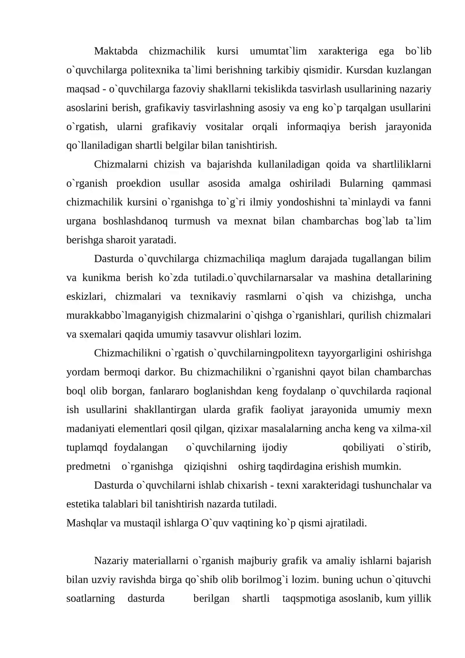 Chizmachilikning umum ta`lim maktablari xamda hunar va kollеjlarda o`quv fani sifatidagi o`rni 2