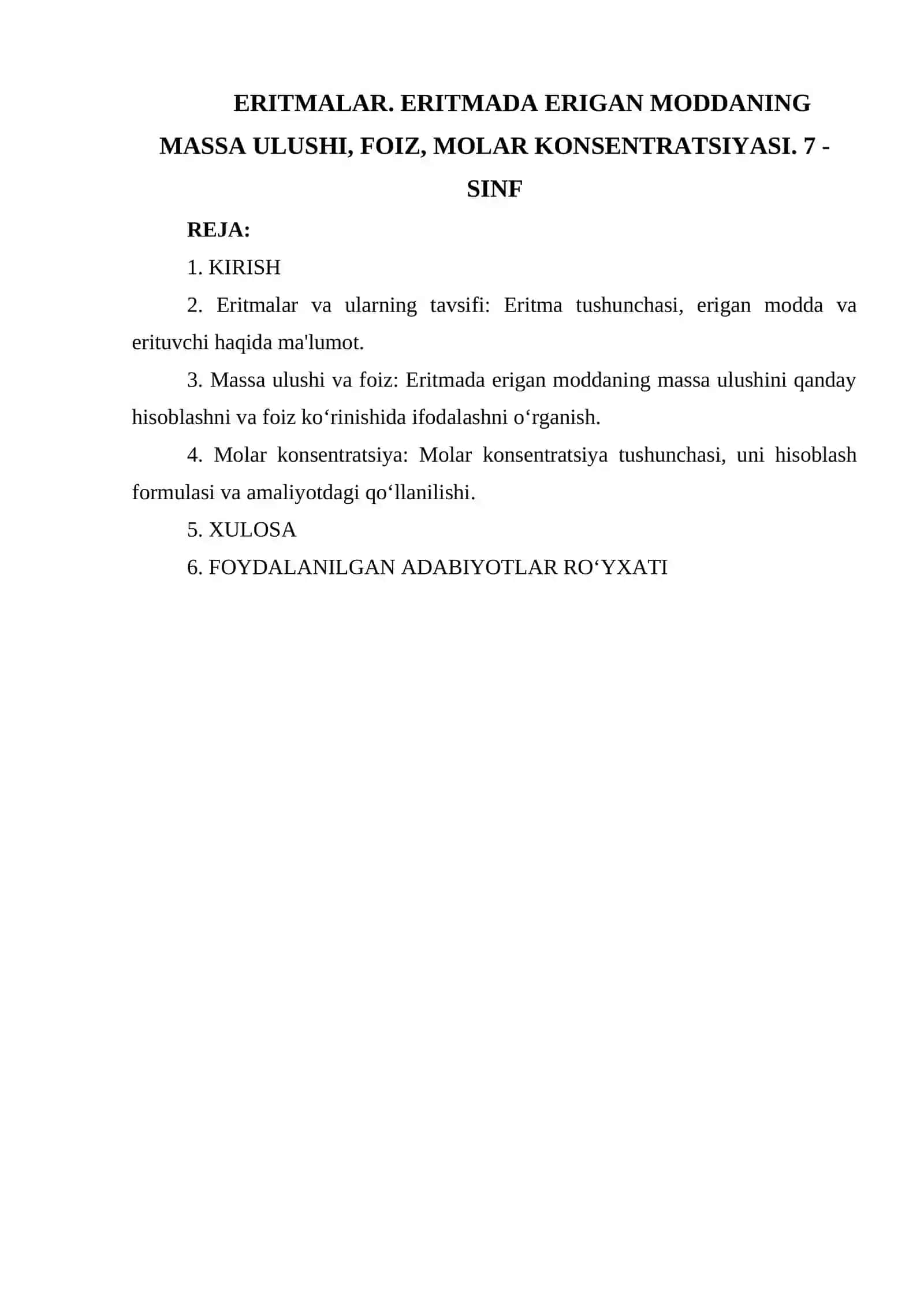 ERITMALAR. ERITMADA ERIGAN MODDANING MASSA ULUSHI, FOIZ, MOLAR KONSENTRATSIYASI. 7 - SINF 2