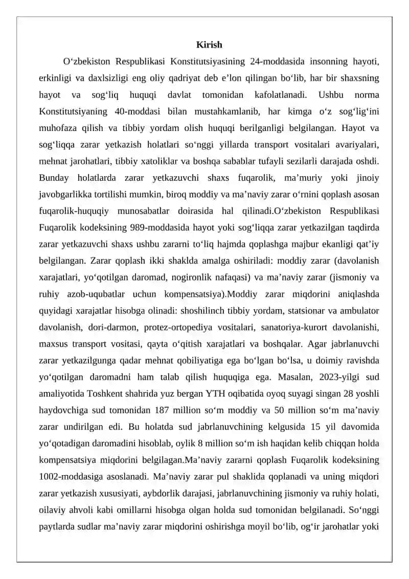 Fuqaroning hayoti va sog‘lig‘iga yetkazilgan zararning o‘rnini qoplash 2